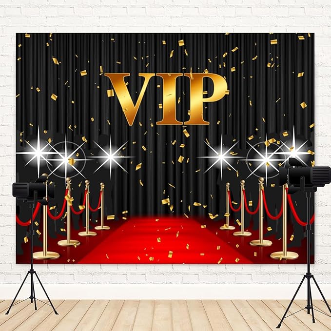 15x8ft VIP Backdrop Red Carpet Event Photography Background Black Curtain Star Catwalks Stage Film Movie Music Night Gold Banner Decorations Celebrity Activity Portrait Photo Booth Prop