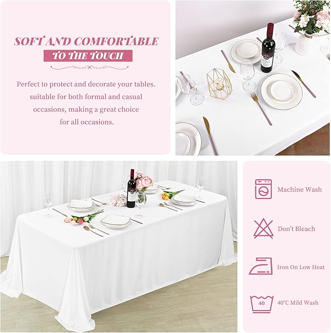 Showgeous 4 Pack White Rectangle Tablecloth, 90 x 132 Inch, Wrinkle Resistant, Machine Washable Polyester, Perfect for 8ft Table, Wedding, Dining, Parties