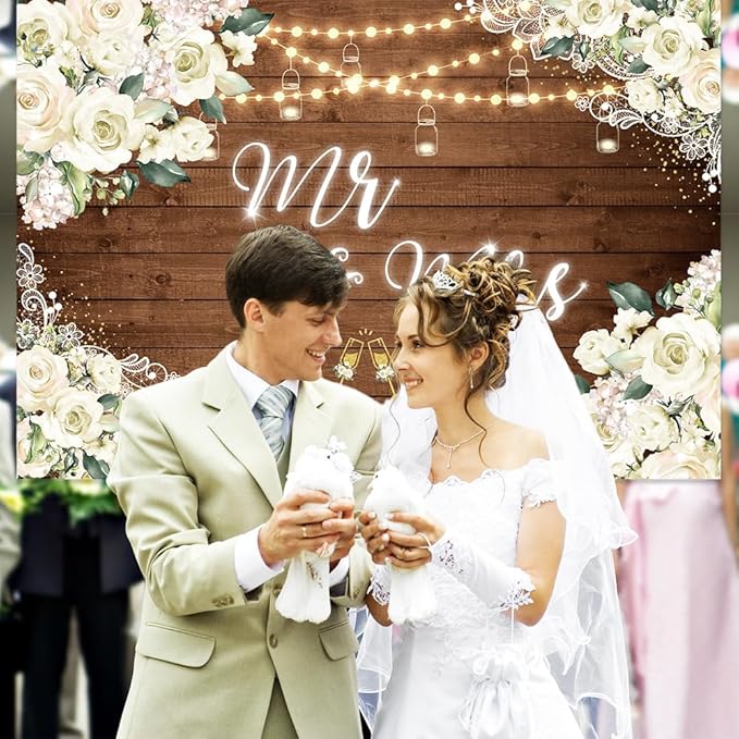 MEHOFOND 8x6ft White Floral Mr & Mrs Engagement Decorations Backdrop Couples Wedding Wooden Background Bride and Groom Engaged Ceremony Anniversary Bridal Shower Party Supplies Photobooth Props