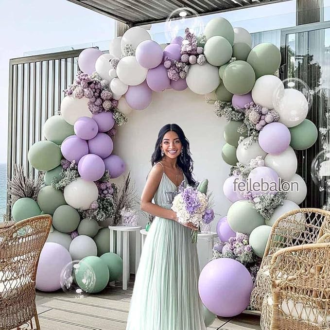 Dusty Green Purple White Balloon Arch Kit Double Stuffed Pastel Purple, Light Sage Green, Lavender Balloon Garland with Clear Bobo for Birthday Baby Shower Wedding Flower Party Decoration