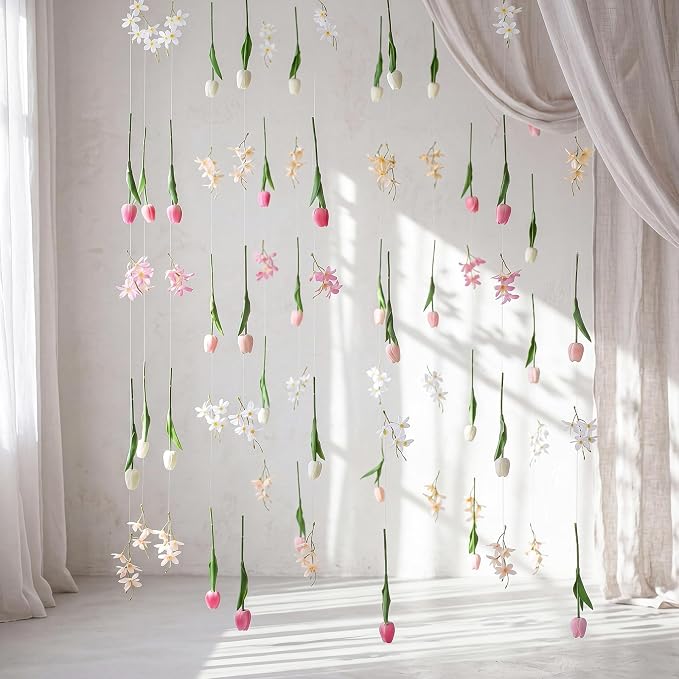 6 Pcs 35.4ft Artificial Tulips Hanging Flower Garlands with Hooks, Spring Faux Tulip and Wildflower Ceiling Vines, Mixed Colors Floral Backdrop for Wedding Party Home Wall Arch Decor