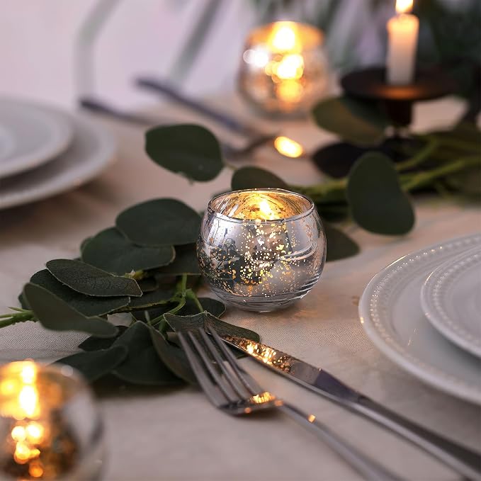 Silver Votive Candle Holders Set of 12 - Mercury Glass Votives Candle Holder - Christmas Tealight Candle Holder for Home Decor and Weddings/Parties Table Centerpieces