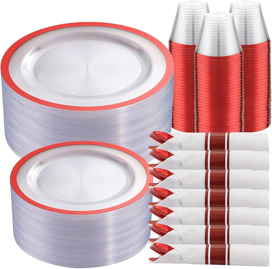 I00000 210 Pcs Red Plates Set,Clear and Red Plastic Plate Include 60 Plates,30 Cups,30 Rolled Napkins with Plastic Cutlery for Wedding & Party