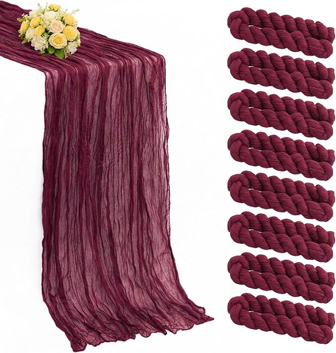 8 Pack Burgundy Valentine's Day Cheesecloth Table Runner 21x120 Inch Wine Red Gauze Reusable Polyester 10ft Boho Rustic Cheese Cloth Table Runner for Wedding Party Baby Shower Birthday
