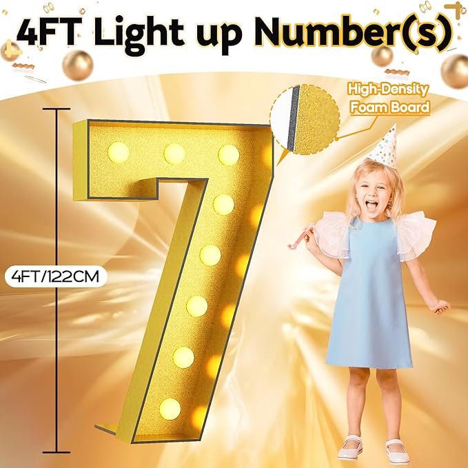 Light Up Number 7, Marquee Light Up Numbers Gold 4FT, Large Led Numbers Lights for 7th Birthday, 4 Feet Tall DIY Frame Pre-Cut Foam Board Kit for Night Light Party Anniversary Decorations