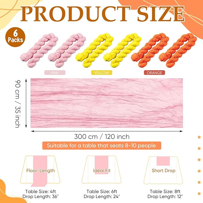 6 Pcs Pink Orange Yellow Cheesecloth Table Runner Summer Boho Gauze Cheese Cloth Runner 118" Rustic Table Decor for Hippie Retro Boho Wedding Baby Shower Birthday Party Home Arbor Decorations