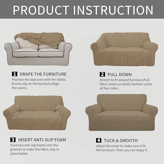 Easy-Going Stretch 4 Seater Sofa Slipcover 1-Piece Sofa Cover Furniture Protector Couch Soft with Elastic Bottom for Kids, Polyester Spandex Jacquard Fabric Small Checks Tan