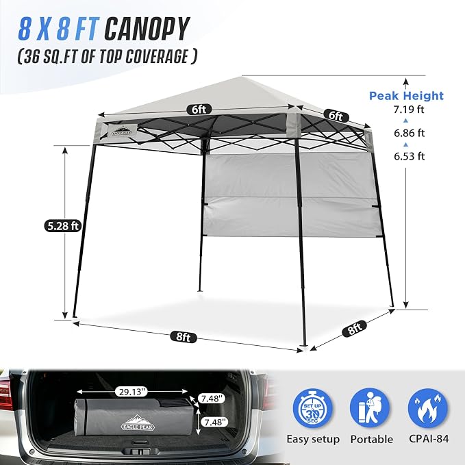 EAGLE PEAK 8x8 Pop Up Canopy Tent with Sidewall, Compact, Portable Slant Leg Instant Sun Shelter for Beach, Sports, & Camping, 8x8 Base 6x6 Top, Offwhite