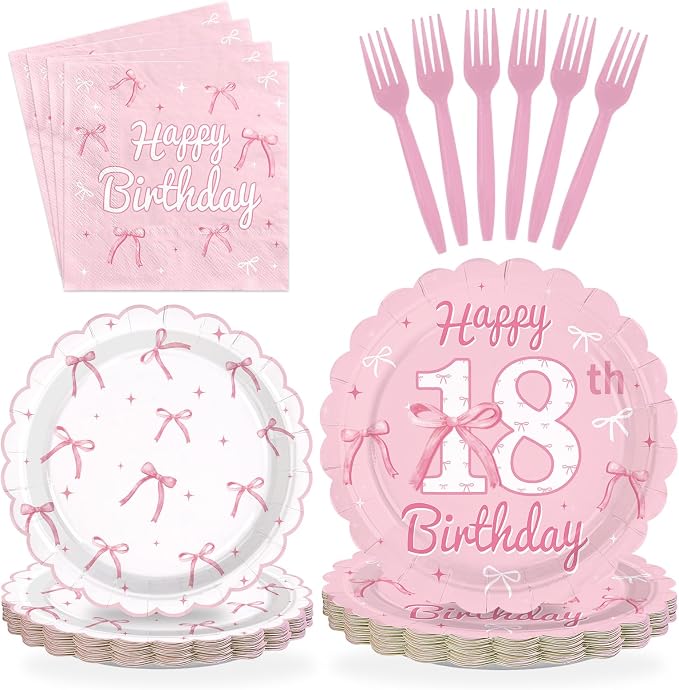 96Pcs Pink Bow Party Supplies Coquette 18th Birthday Party Plates and Napkins Disposable Bow Themed Tableware Set for Girl Happy 18th Birthday Graduation 2026 Decorations, Serves 24