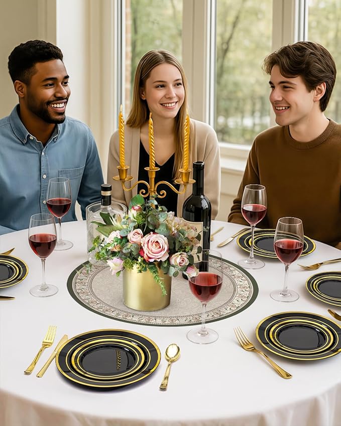 BESTSTAR 200PCS Black Plastic Plates Set with Gold Rim, 100 10.25 inch Dinner Plates and 100 7.5 inch Dessert Plates, Premium Disposable Plates forfor Party, Wedding, Holiday
