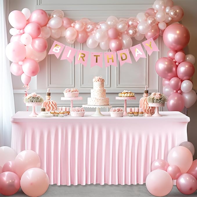 1 Pack Pink Table Clothes for 6 Foot Rectangle Tables, One-Piece Wrinkle Resistant Stretch Spandex Table Covers with Skirt for Event Banquet Wedding Birthday Party