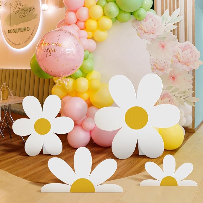 4 Pcs Large Daisy Birthday Party Decorations White Daisy Themed Cardboard Cutout Floral Baby Shower Cartoon Backdrop for Bridal Wedding Wildflower Party Supplies Photo Booth Props Gift Favor