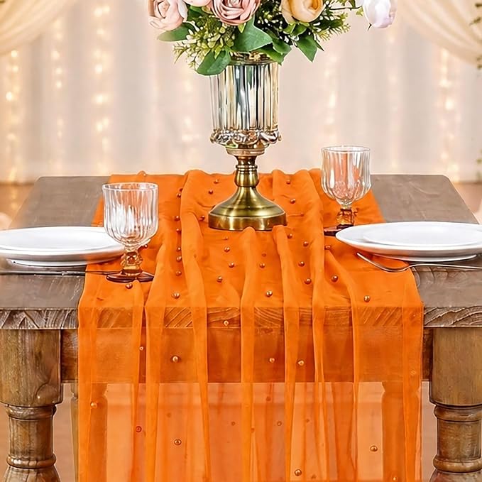 Gauze Pearl Table Runner Tulle Fabric: 10ft Seasonal Dessert Chiffon Pearl Lace Boho Overlay Wedding Veil Outdoor Wedding Aisle Runner Halloween Fall Party Decorations Doilies,Orange