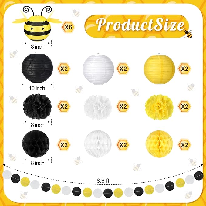 25 Pcs Honey Bee Party Decorations Include 6 Paper Fans Lantern 6 Tissue Honeycomb Ball 6 Paper Pom Poms 6 Bee Hanging Decor Circle Dot Garland for Baby Shower Birthday, Black Yellow White