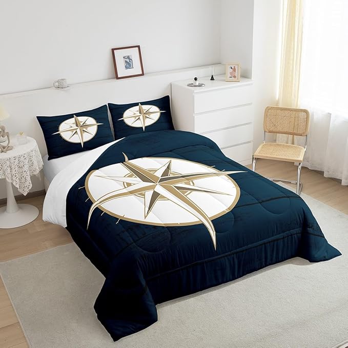 Feelyou Compass Print Comforter Set Queen Size Kids Nautical Theme Comforter for Boys Girls Teens Ocean Voyage Bedding Set Geometric Circles Pattern Duvet Set Sea Adventure Quilt