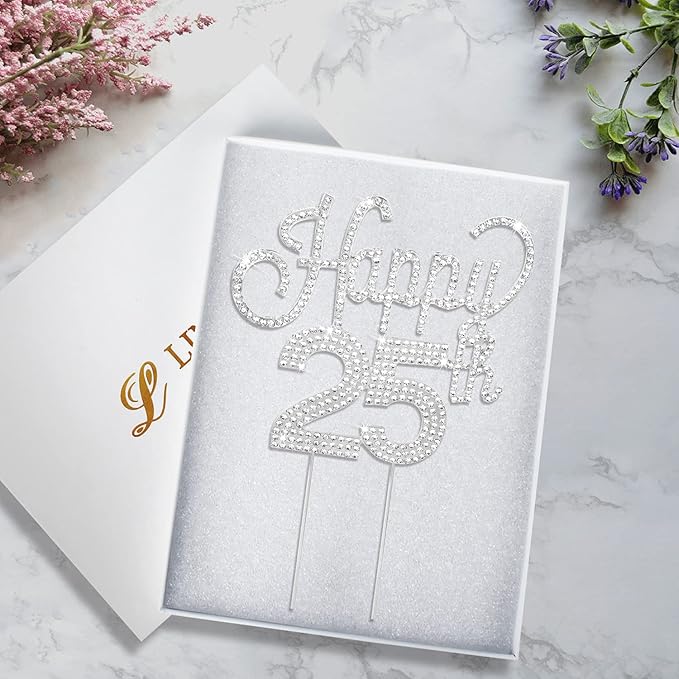 LINGTEER Happy 25th Birthday Silver Rhinestone Cake Topper - Cheers to 25th Birthday 25 Years Old Anniversary Party Cake Centerpieces Topper Decorations Gift Sign.
