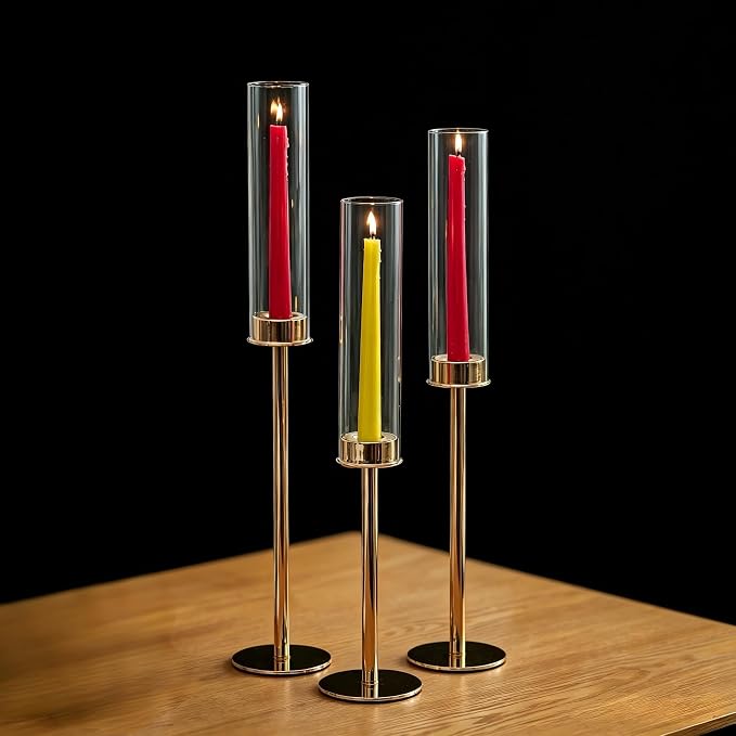 NUPTIO Gold Taper Candle Holders: Set of 3 Tall Hurricane Candlestick Holder with Open Ended Clear Glass Covers Long Stem Metal Candle Stick Stand for Fall Thanksgiving Christmas Table Decor