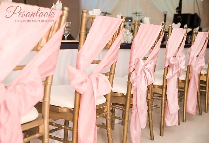 Pesonlook 120 PCS Rose Gold Satin Chair Sashes Bows,Satin Chair Sashes Universal Chair Cover for Wedding Reception Restaurant Event Decoration Banquet,Party,Hotel Event Decorations (7 x 108 inch)