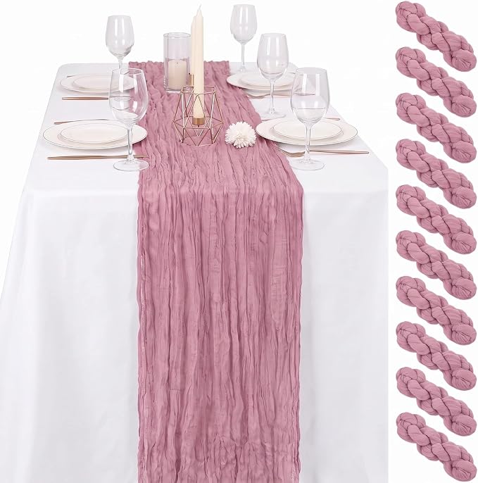 10 Pack Dusty Rose Cheesecloth Table Runner 17"x108" Boho Gauze Fabric Table Runner Vintage Rustic Sheer Runners for Wedding Party Bridal Baby Shower Table Decorations