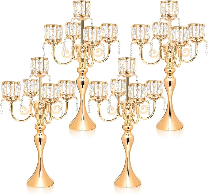 5 Arm Elegant Crystal Candle Holder,Candlestick for Wedding Table Centerpiece, 22 Inch Tall Candle Holder Table Candelabra Event Party Table Centerpiece,Home Decoration. (4, Gold, Square Crystal)