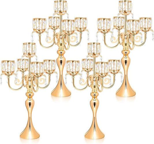 5 Arm Elegant Crystal Candle Holder,Candlestick for Wedding Table Centerpiece, 22 Inch Tall Candle Holder Table Candelabra Event Party Table Centerpiece,Home Decoration. (4, Gold, Square Crystal)