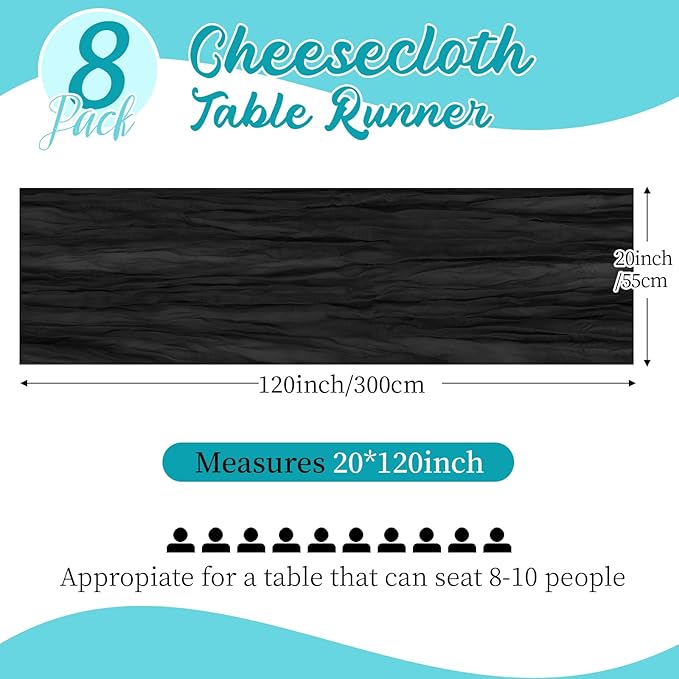 8 Pack Black Cheesecloth Table Runners 20x120 Inch Gauze Table Runner Cheese Cloth 10FT Black Table Runner Rustic Sheer Runner for Wedding Baby Shower Birthday Party Table Decor