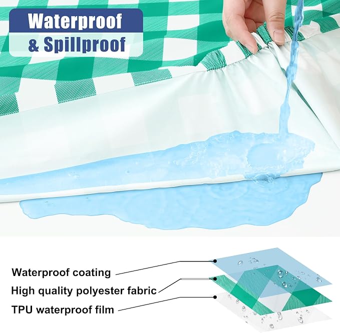 Smiry Picnic Table Cloth 4 Pack, Waterproof Elastic Fitted Tablecloths for 6FT Rectangle Tables, Washable Polyester Buffalo Plaid Tablecloth for Camping, Dining & Outdoor (Green & White, 30" x 72")