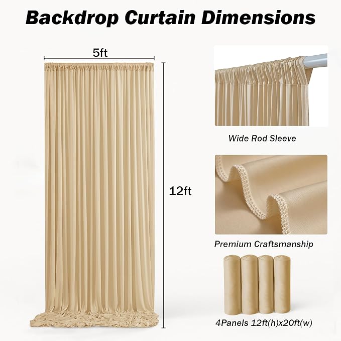 20ft×12ft Champagne Backdrop Curtain for Wedding Parties, 4 Panels Wrinkle Free Polyester Photo Backdrop Drapes Back Drop Cloth for Birthday Photography Background