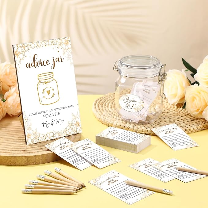 Jetec 74 Pcs Advice and Wishes for the Mr and Mrs 60 Pcs Wedding Advice Cards Advice and Wishes Jar Box Bridal Shower Advice and Wishes Cards for Bride and Groom Bridal Shower Decor(Gold Flower)