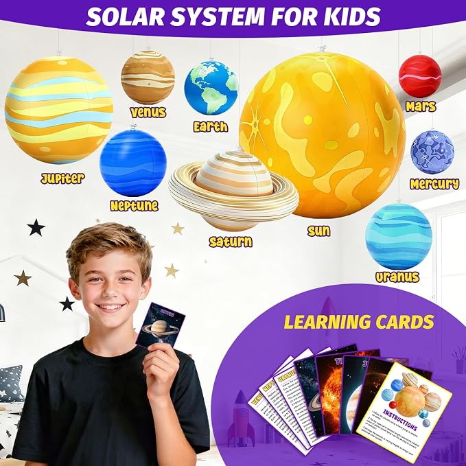 Inflatable Solar System Planets for Kids – 9 Giant Hanging Solar System Model Planets Hanging from Ceiling Classroom Space Theme Party Decorations, Astronomy Gifts for Ages 5-7, 6-8, 8-12