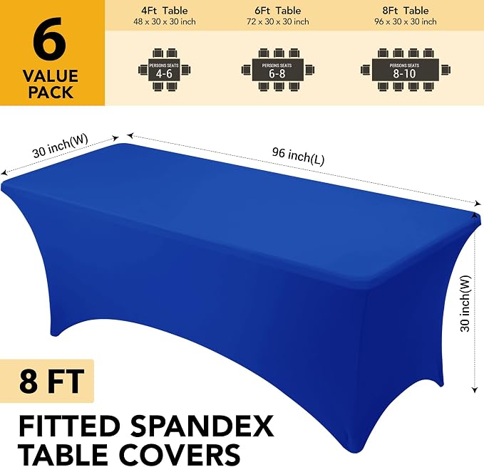 6-Pack Premium Royal Blue Spandex Tablecloths for 8ft Rectangle Tables, Stain & Wrinkle-Resistant, Washable Stretch Polyester Fitted Table Cover for Weddings, Banquets, Trade Shows Events