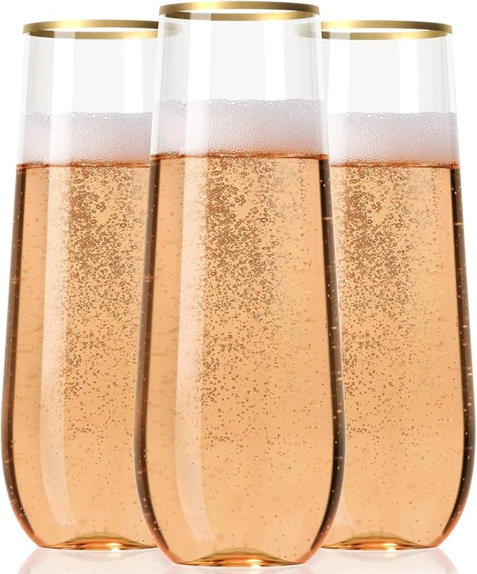 30 Plastic Stemless Champagne Flutes - Disposable Unbreakable 9 Oz toasting glasses, With Gold rim | Reusable, Clear, Fancy & Shatterproof Champagne Glasses - Ideal for Weddings, Birthdays, Parties