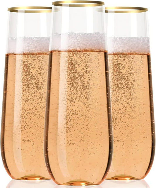 30 Plastic Stemless Champagne Flutes - Disposable Unbreakable 9 Oz toasting glasses, With Gold rim | Reusable, Clear, Fancy & Shatterproof Champagne Glasses - Ideal for Weddings, Birthdays, Parties