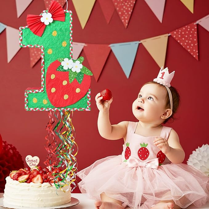 WERNNSAI Berry First Piñata - Sweet One Birthday Party Decorations Strawberry Party Game Number 1 Piñata for Baby Shower Theme Party Favor With Blindfold