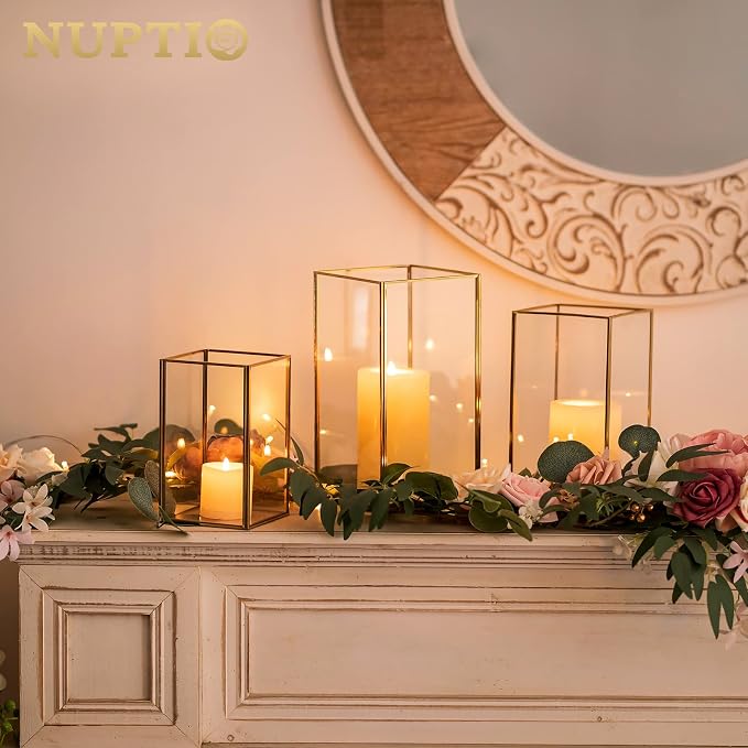 Nuptio Glass Hurricane Candle Holder Set of 6 Gold Pillar Candle Holders Large Rectangular Candleholder Table Centerpieces Decoration for Wedding Party Thanksgiving Ornaments 9.5 & 8.1 & 6.5 inch