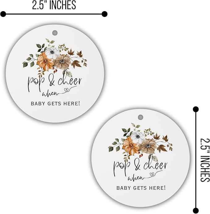 Pop It When She Pops Boho Mini Champagne Fall Hang Tags | 30 pk 2.5” with Holes Neutral Floral Labels for Baby Shower Bubbly Wine Stickers