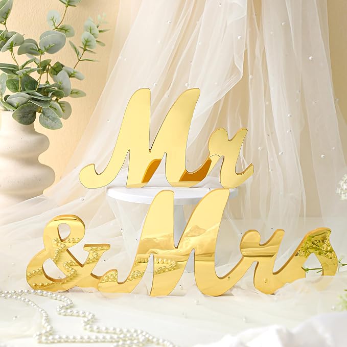 Yuntau Mr & Mrs Table Sign with Acrylic Mirror Wooden Freestanding Letters Sweetheart Table Decorations & Photo Props for Wedding Anniversary Parties Photo Props, Rustic Shower Gift(Gold)