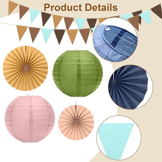 EEEKit 20 PCS Hanging Paper Fans for Birthdays, Boho Party Fan Decorations Set with Lanterns and Flags for Christmas, Wedding Decor