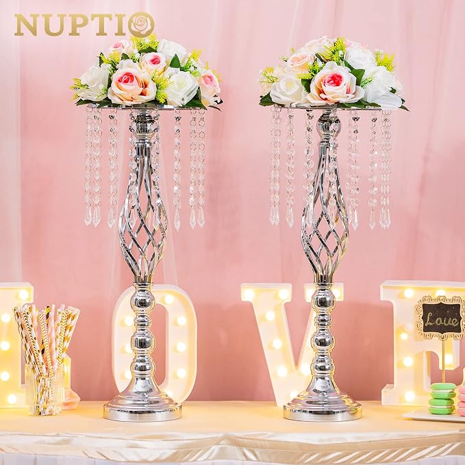 Nuptio 10 Pcs Silver Wedding Centerpieces Flower Stand, 21.7in/55cm Height Wedding Road Lead Flower Vases, Crystal Artificial Flower Arrangements for Wedding Party Birthday Event Reception Home Decor