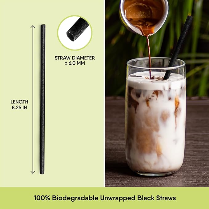 The Veggie Straws – 100 PCS of 8.25 Inches Unwrapped Biodegradable Black Straws – Made of Vegetable Fibers, Best Environment Friendly Drinking Straws for Hot and Cold Beverages