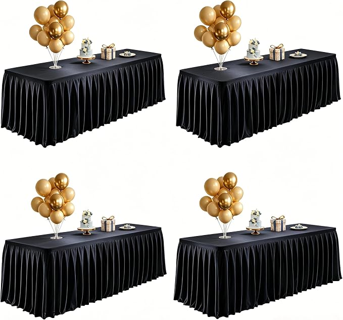 Wish Care 4 Pack Satin Table Cover Skirts for 6ft Rectangular Tables, Black Shimmer Silk Tablecloth with Floor Length Ruffle for Wedding Banquet Party Buffet Decoration