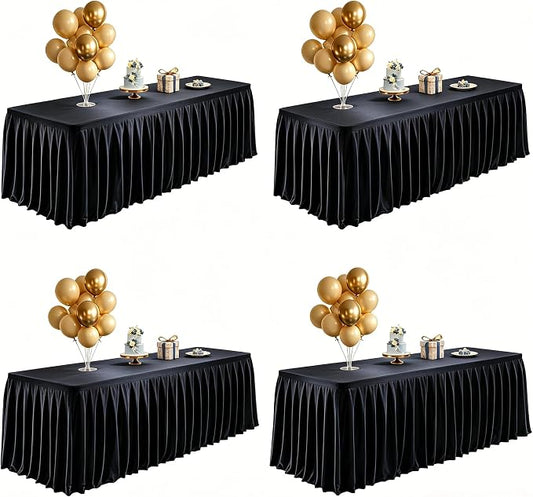 Wish Care 4 Pack Satin Table Cover Skirts for 6ft Rectangular Tables, Black Shimmer Silk Tablecloth with Floor Length Ruffle for Wedding Banquet Party Buffet Decoration