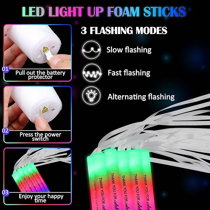 JellyArch 50 Pack Wedding Glow Sticks for Reception LED Foam Light up Sticks with Ribbon Light Stick Bulk with 3 Modes Colorful Flashing for Wedding Send off Party Favors, Dance Floor, Birthday