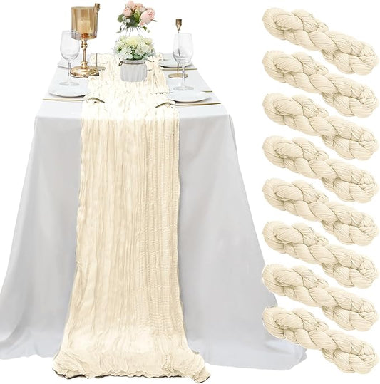 8 Pack Ivory Cheesecloth Table Runner 10Ft Gauze Cheese Cloth Table Runner 35x 120Inch Romantic Boho Table Runners for Wedding Birthday Party Bridal Baby Shower Engagement Anniversary Table Decoration