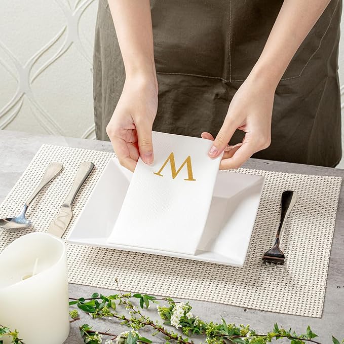 Luxenap 15.8 X 7.9 Inch Linen-Feel Guest Towels, 2000 Lettered Hand Towels - Gold Letter 'W', Sans Serif Font, White Paper Dinner Napkins, airlaid, For Restrooms And Tables
