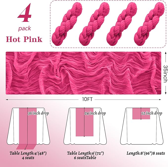 4Pack Hot Pink Cheesecloth Table Runner 10FT Gauze Hot Pink Cheese Cloth Table Runner 35x120Inch Long Boho Spring Easter Table Runners Rustic Sheer Table Runners for Wedding Baby Bridal Shower Decor
