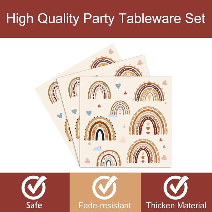 Boho Rainbow Party Plates Napkins Decorations Serves 24, Groovy Hippie Party Supplies Tableware Set for Boho Rainbow 1st Birthday Baby Shower Disposable Paper Plates Napkins Forks for Girl Boy, 96 Pcs