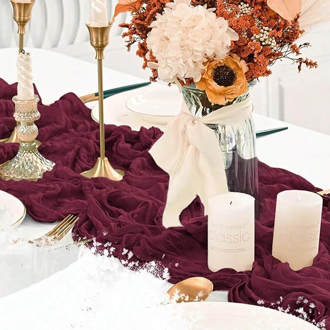 8 Pack Burgundy Valentine's Day Cheesecloth Table Runner 21x120 Inch Wine Red Gauze Reusable Polyester 10ft Boho Rustic Cheese Cloth Table Runner for Wedding Party Baby Shower Birthday
