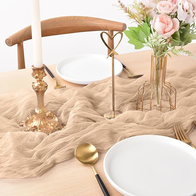 Joanlody Champagne Cheesecloth Table Runner Spring Summer 10Ft Rustic Gauze Boho Cheese Cloth Table Runner for Wedding Bridal Baby Shower Decoration 4 Pack