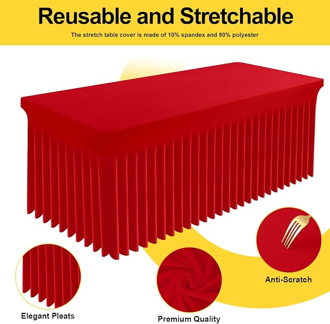 Smiry Spandex Tablecloth 2 Pack, Elastic Fitted Stretch Tablecloth for 8FT Rectangle Tables, Waterproof Washable Table Cover Skirt for Outdoor, Wedding, Banquet & Parties (Red, 96Lx30Wx30H Inch)